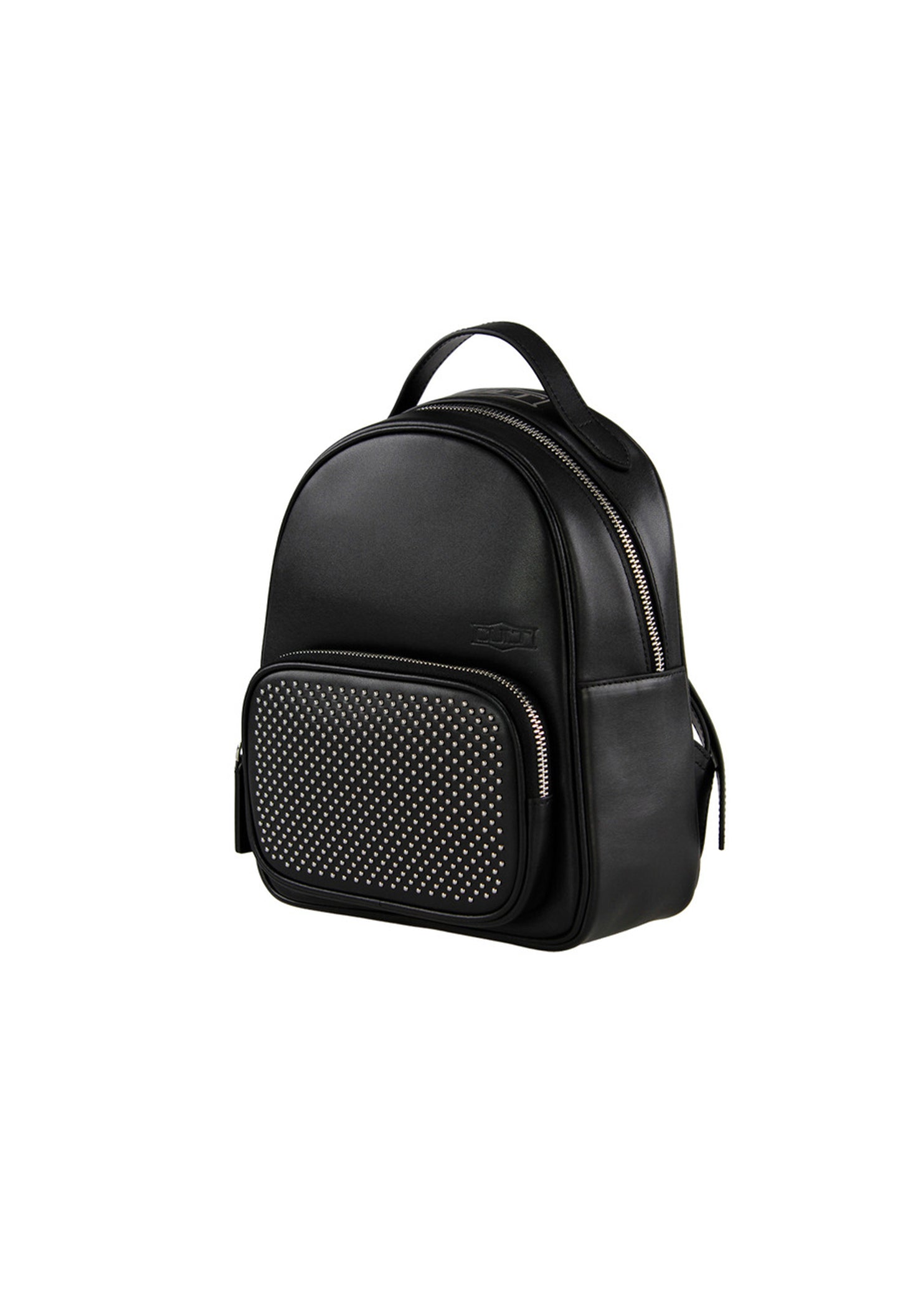 Side view of the black Cult studded backpack showing its leather‑blend finish and spacious silhouette.