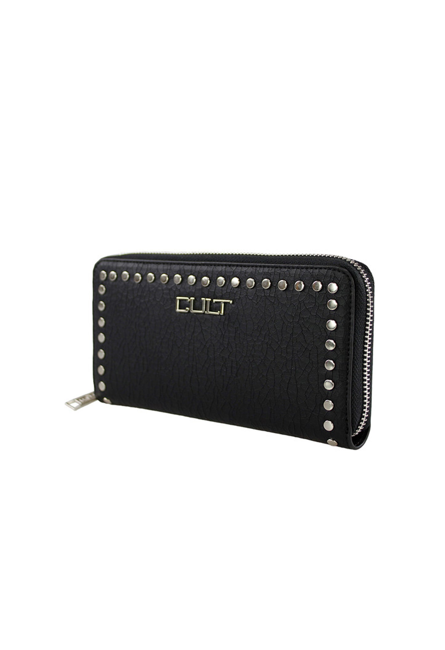 Studio side view of the black Cult wallet featuring stud details and zip-around design.