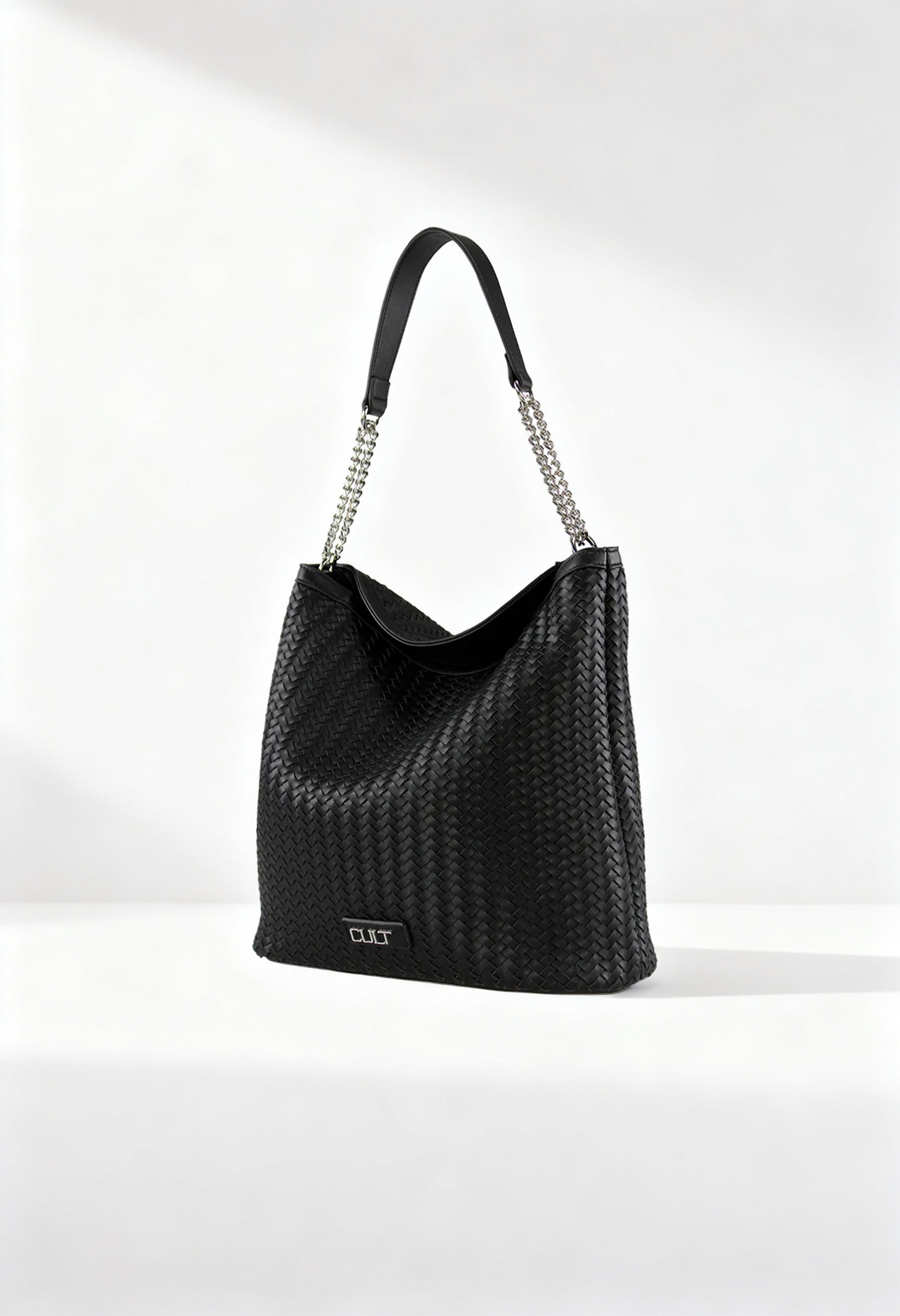 “Cult Women’s Black Woven Luxury Tote Bag X3EPWX010042 – authentic designer handbag available at France AJ Luxe, featuring Italian-inspired craftsmanship, chain leather handles, and premium woven fabric.”