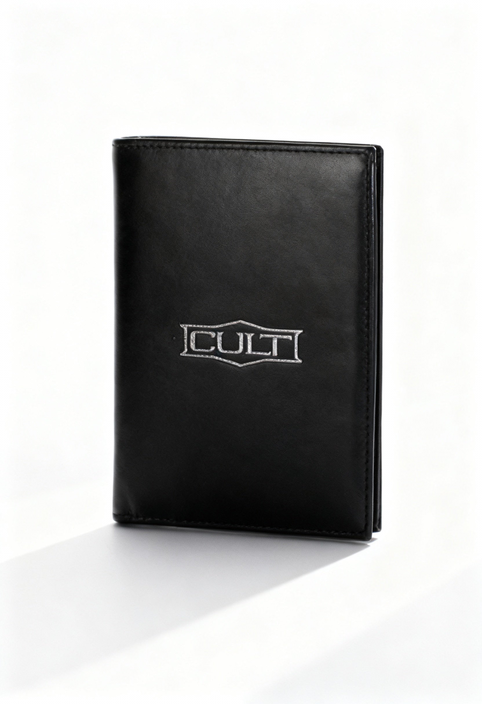Cult X3EPMX211023 men's leather vertical wallet, tall bifold design, front logo detail.