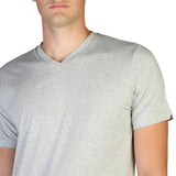 Diesel cotton V-neck T-shirt close-up of neckline and shoulder detail.