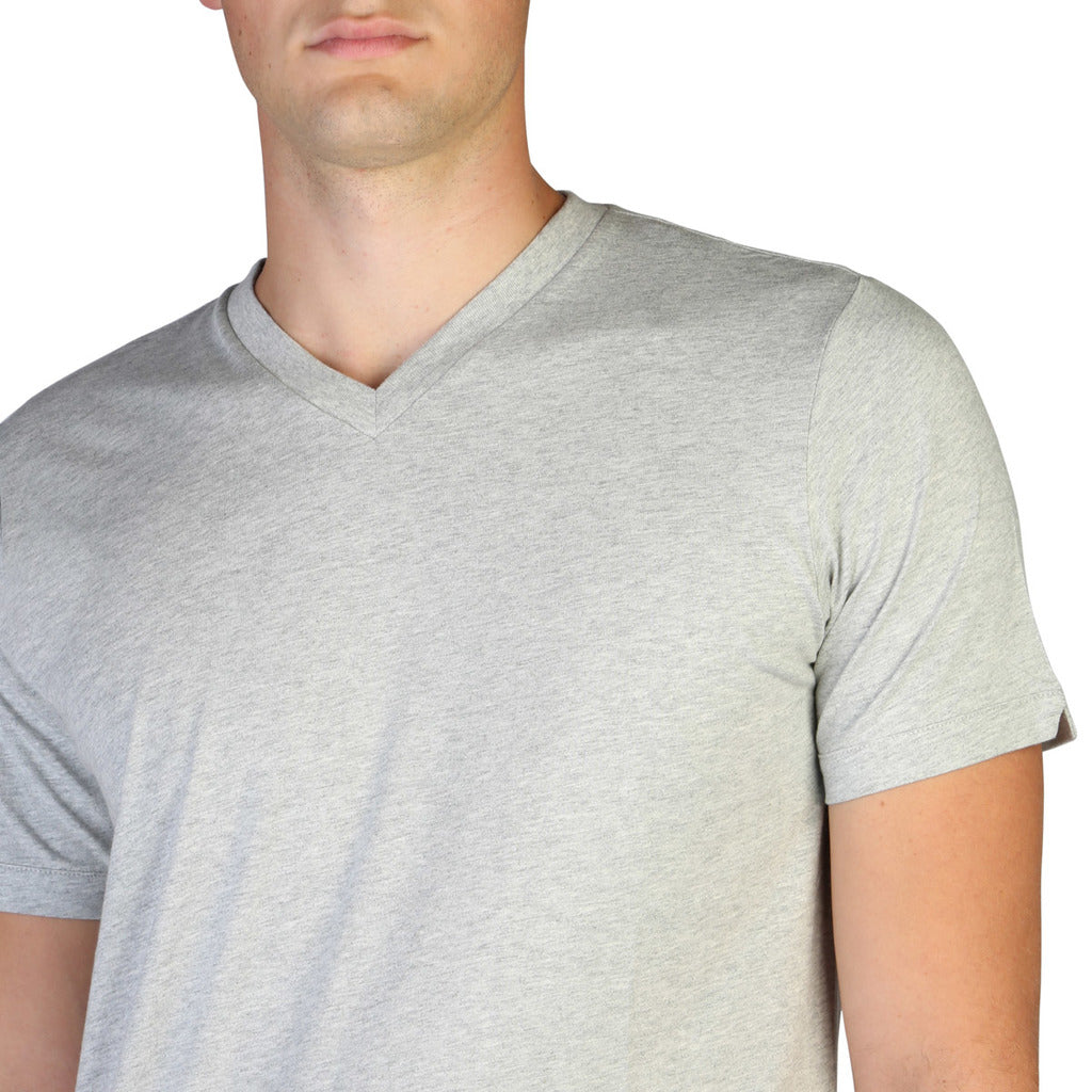 Diesel cotton V-neck T-shirt close-up of neckline and shoulder detail.