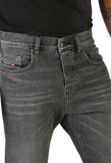 Diesel D-VIKER jeans close-up of front pocket, showing button fly and logo detail.