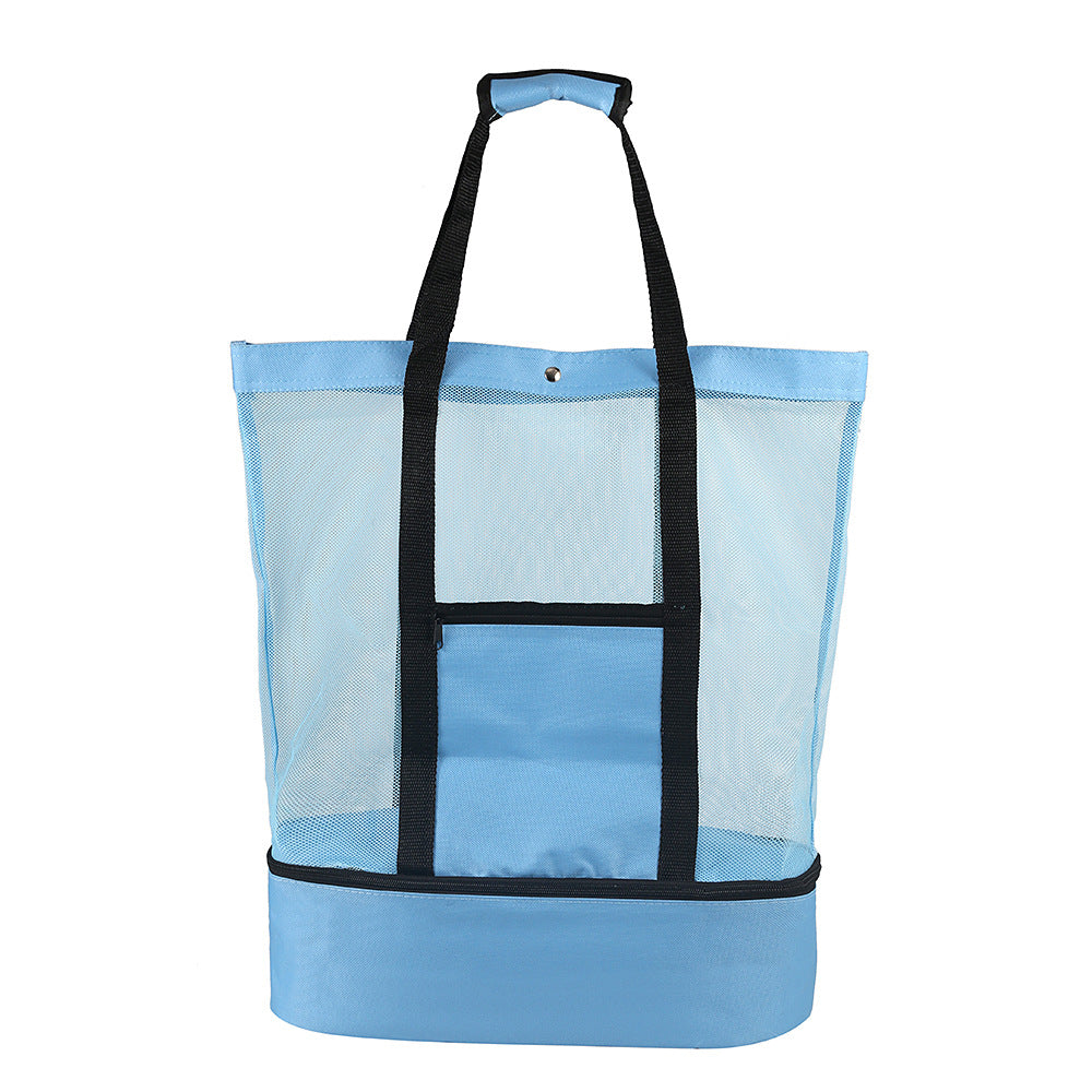 Light blue mesh beach tote with insulated cooler bottom, front view