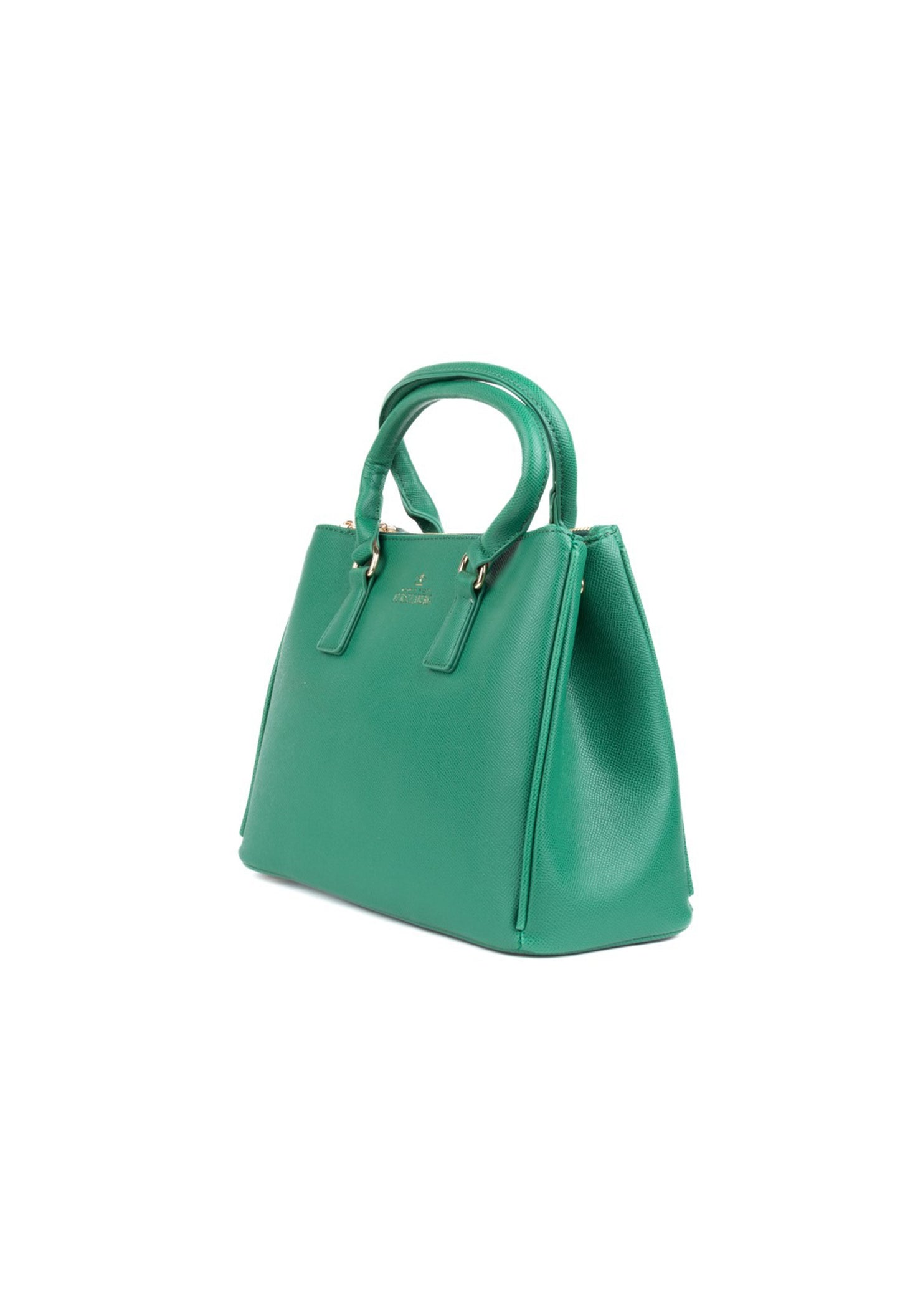Side angle view of the green women’s shoulder bag showing its structured shape.