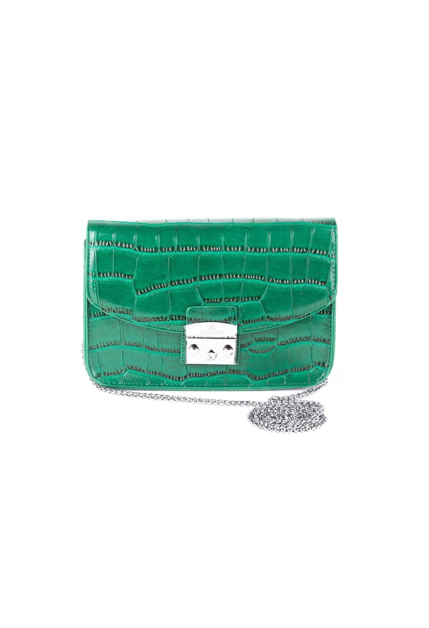 Front shot of the green Valery bag highlighting the metallic clasp and chain shoulder strap.
