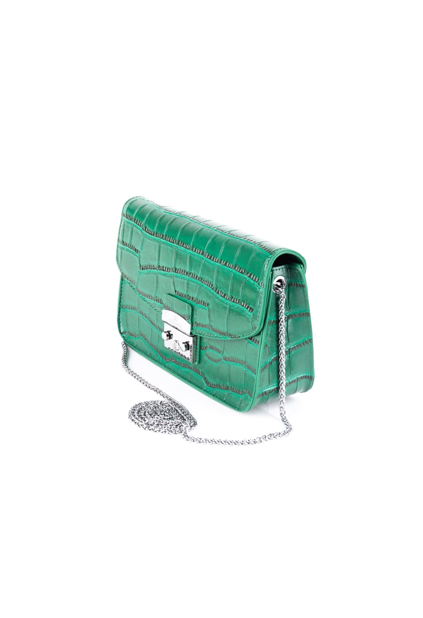 Side angle of the green Valery crossbody bag showing its structured shape and crocodile texture.