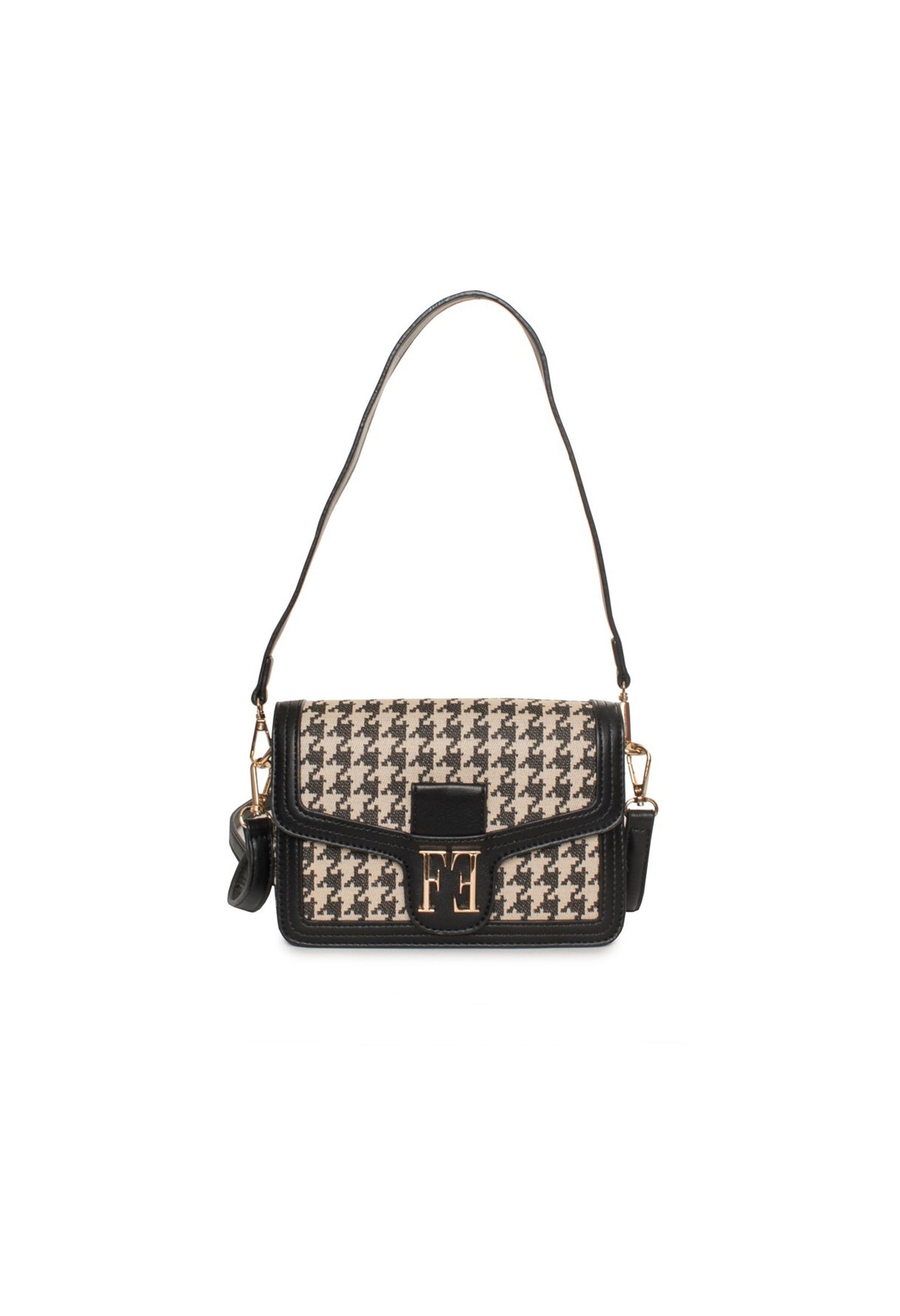 Front view of the black variation of the Alison handbag with the same woven-effect design.