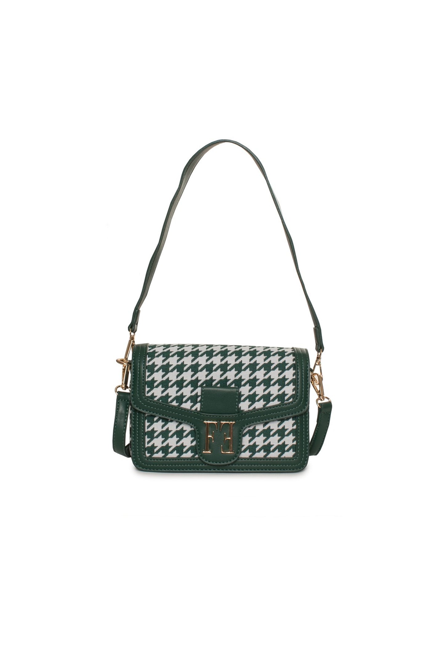 Front view of the green variation of the Alison Alison woman handbag showing the woven pattern.
