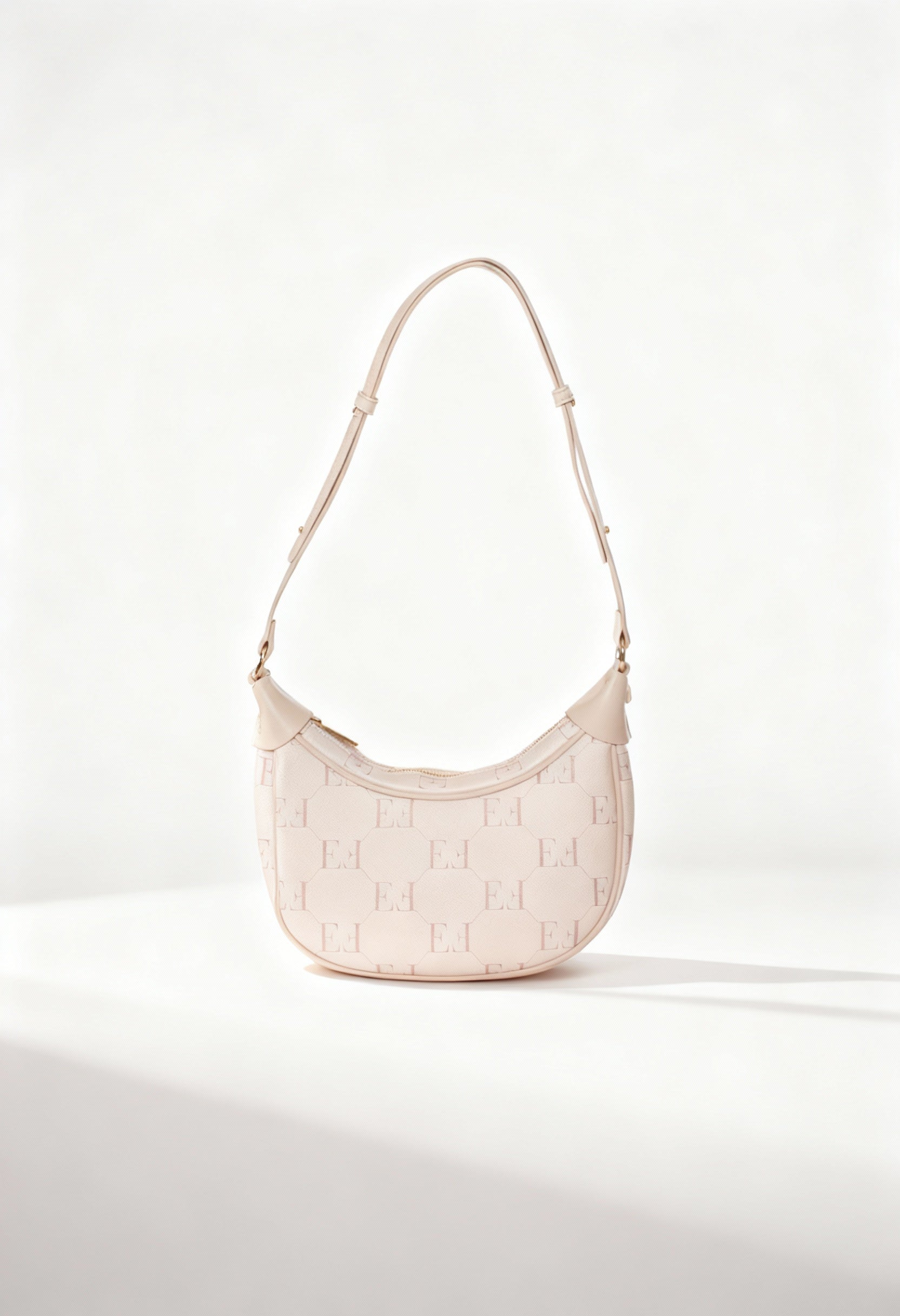 Front view of the beige Niky woman shoulder bag with embossed logo on a light background.