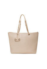 Front view of the beige Noemi shoulder bag featuring a minimalist textured design.