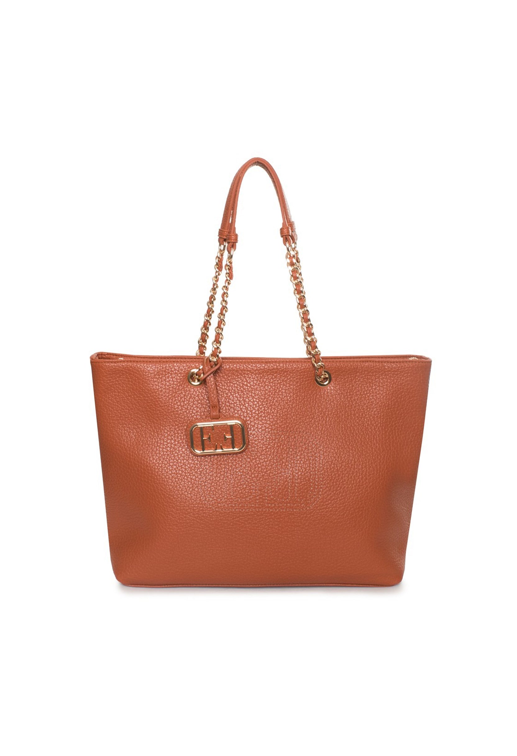 Front view of the brown Noemi shoulder bag with gold chain handles and visible logo.