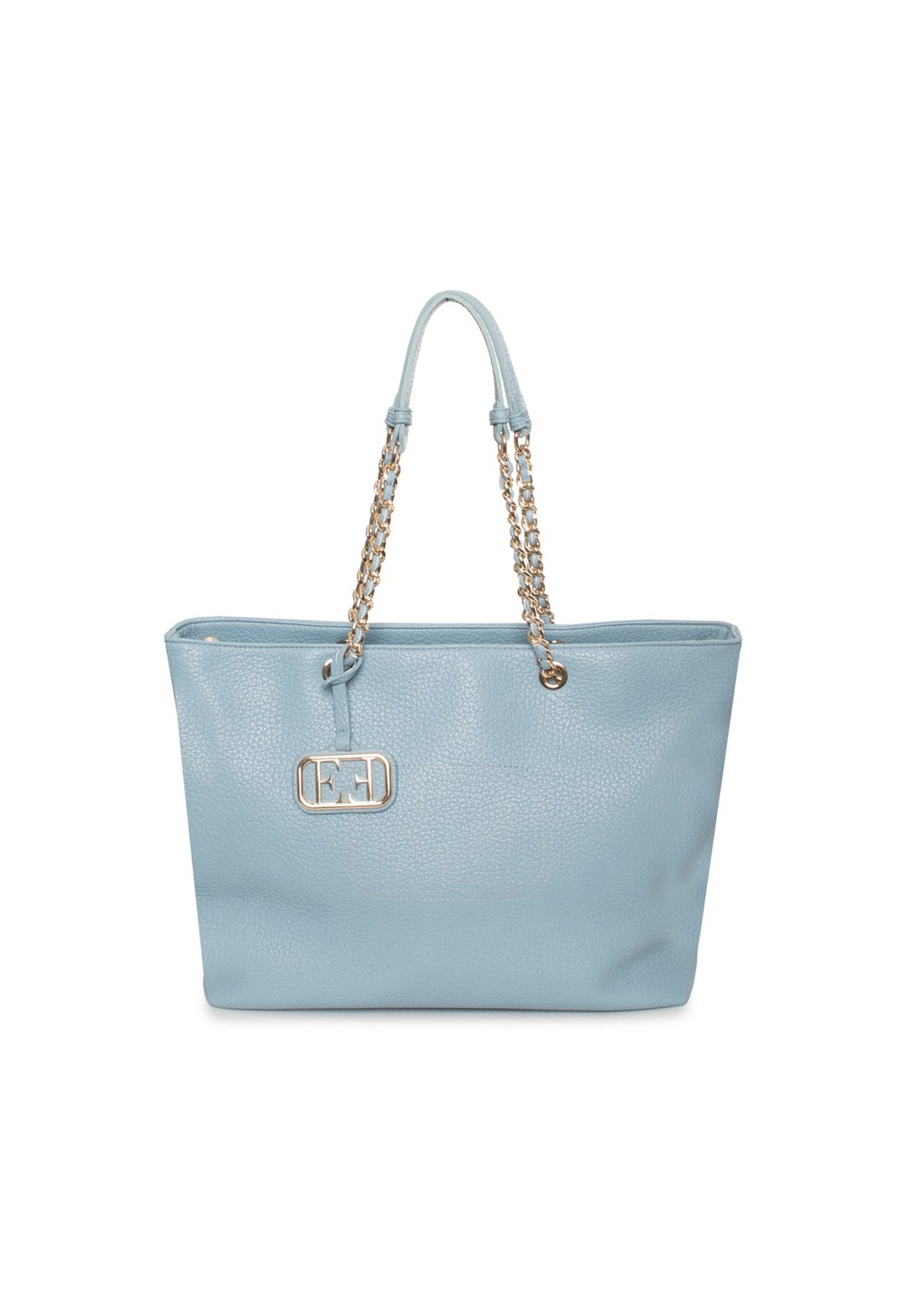 Front view of the light blue Noemi shoulder bag with a soft textured surface and chain handles.