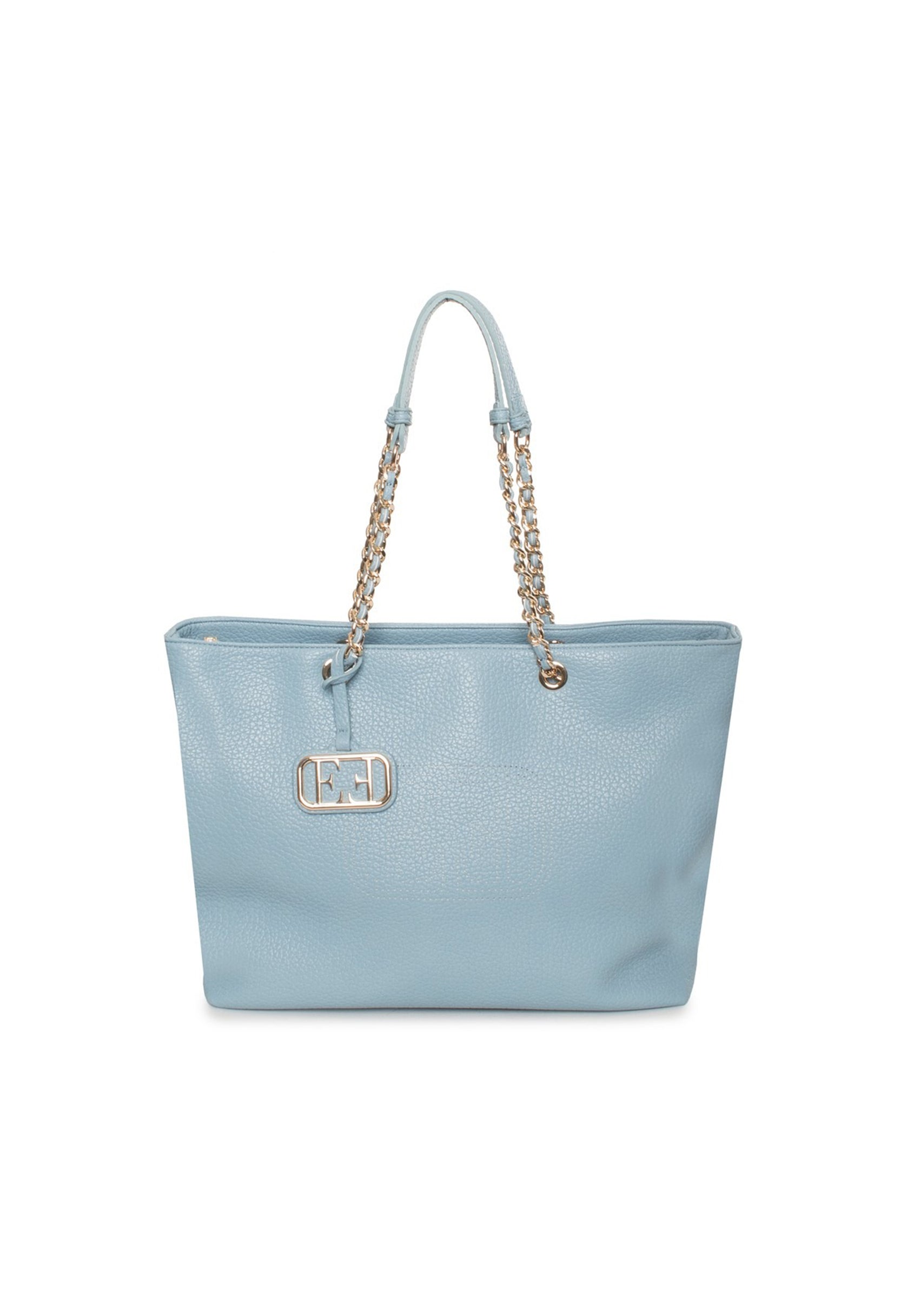 Front view of the light blue Noemi shoulder bag with a soft textured surface and chain handles.