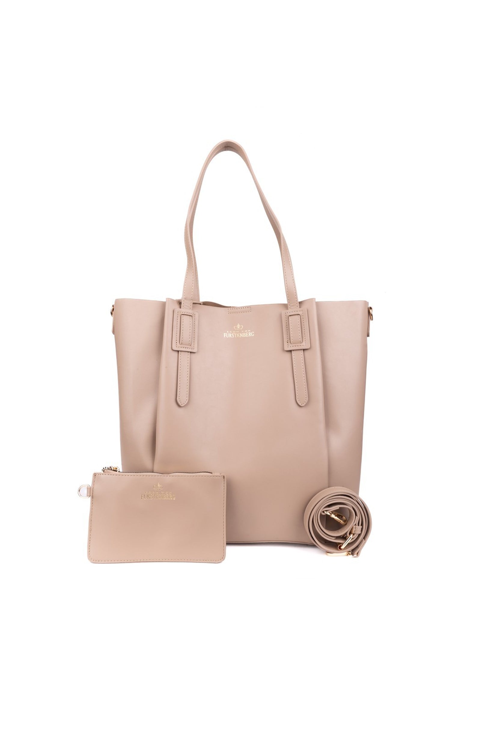 Front view of the beige EVF1622-GIADA shoulder bag with matching removable pochette displayed.