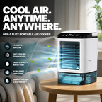 Gen-5 Elite portable air cooler with white and black design placed in a modern living room, featuring powerful airflow, water cooling technology, and a large transparent water tank for refreshing summer comfort.