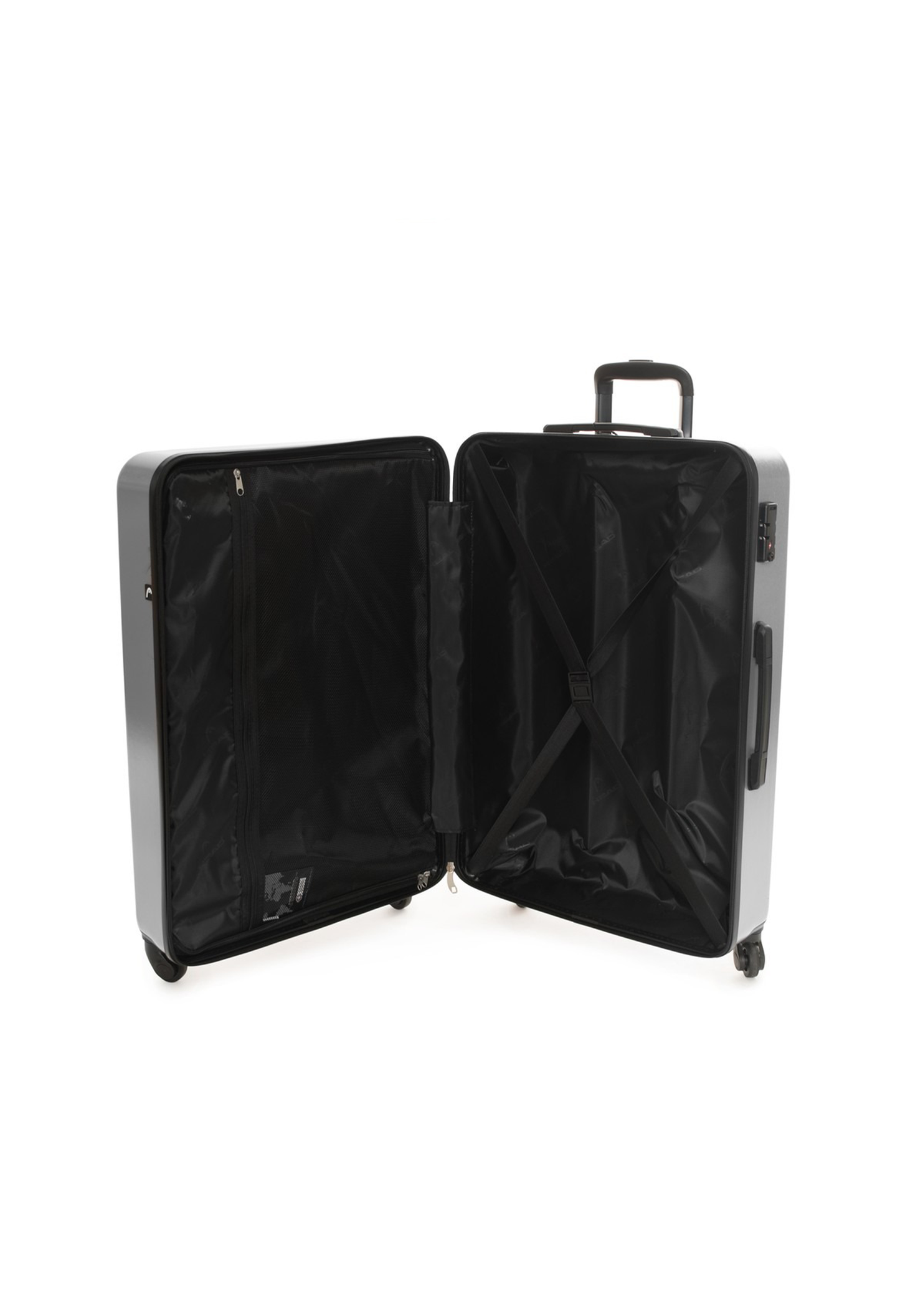 Interior view of the open Head HTR006 suitcase with divider panel and straps.