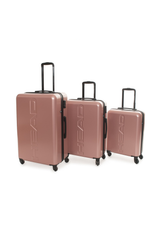 Front angle of the pink Head HTR006 3-piece luggage set in different sizes.