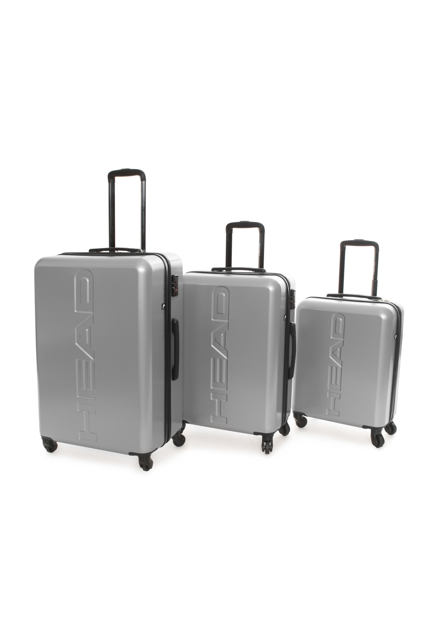 Front view of the silver Head HTR006 3-piece luggage set in small, medium, and large sizes.