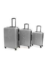 Front view of the silver Head HTR006 3-piece luggage set in small, medium, and large sizes.
