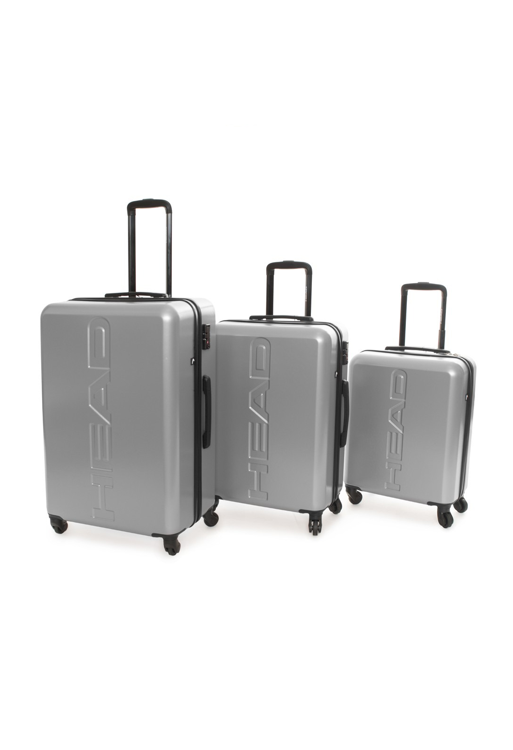 Front view of the silver Head HTR006 3-piece luggage set in small, medium, and large sizes.