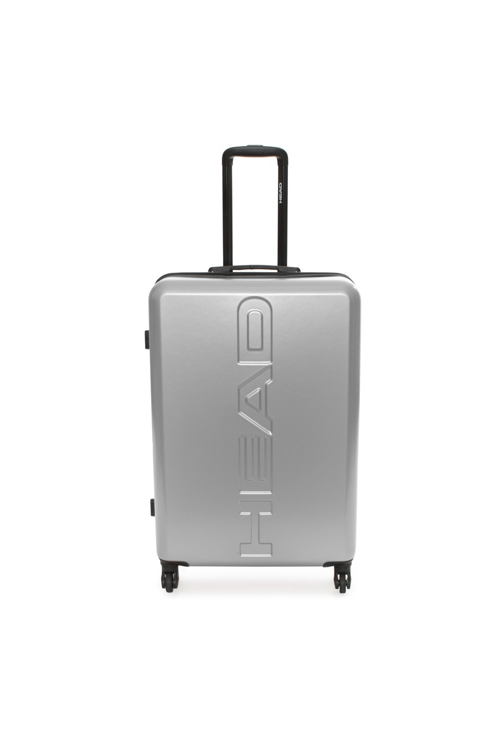 Full front view of the silver Head HTR006 suitcase showing embossed logo and spinner wheels.
