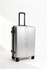 Front angle of the large silver Head HTR006 hard-shell suitcase with telescopic handle.