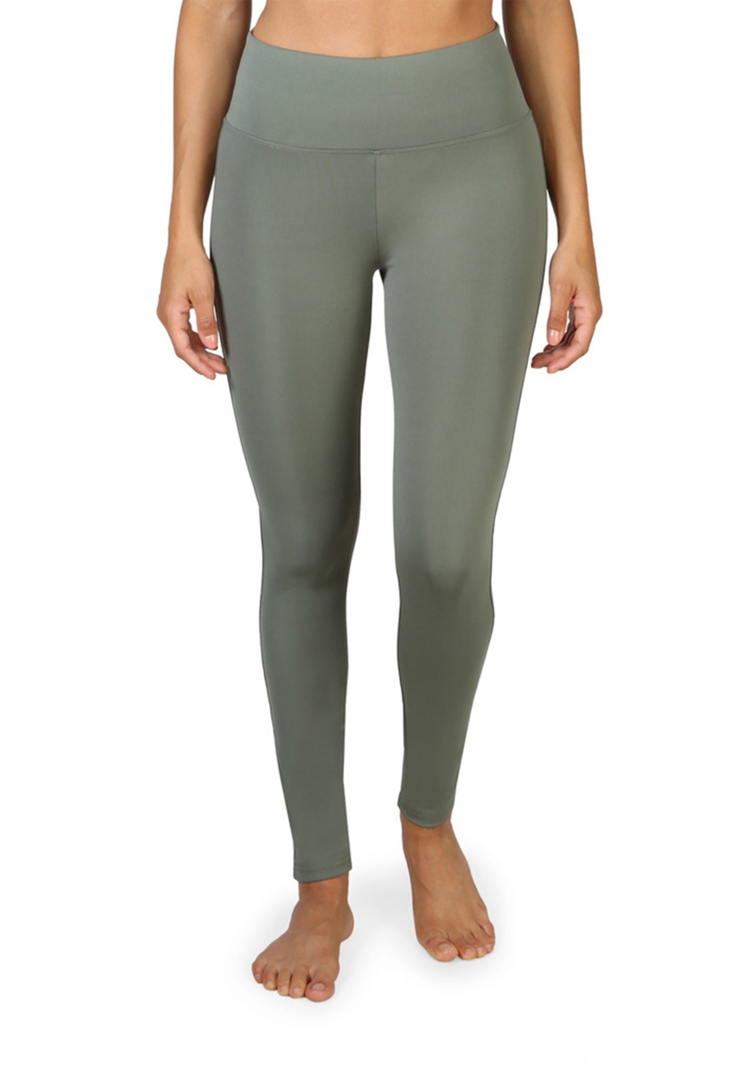 High-quality stretchy green activewear leggings, full-length shot.