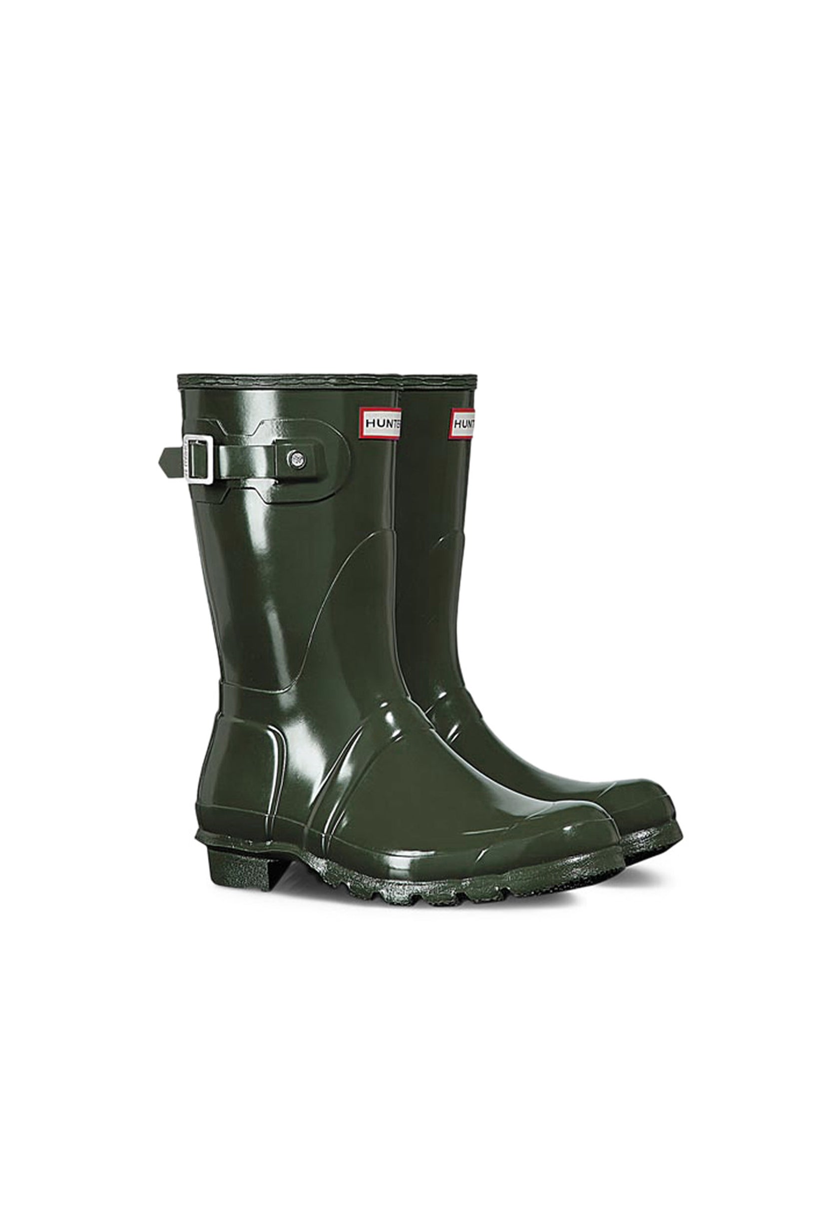 Full side view of the green Hunter gloss boots featuring the buckle and Hunter logo.