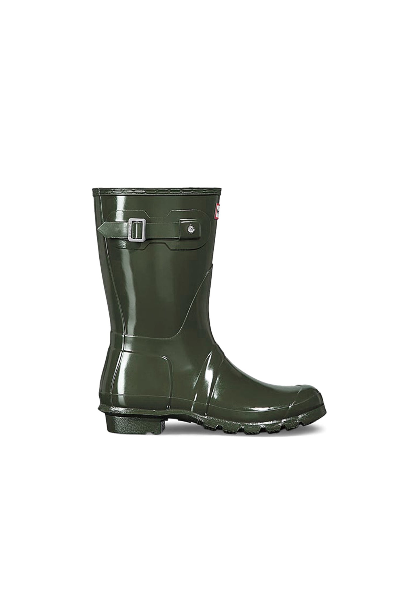 Side angle of the dark green Hunter WFS1000RGL rain boots showing glossy finish and textured sole.
