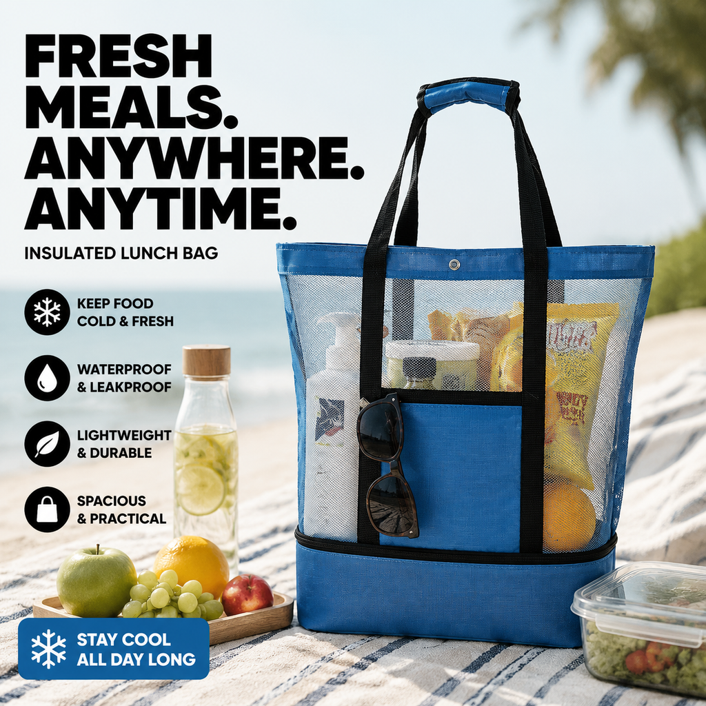 Blue insulated lunch bag with mesh design, adjustable handles, and spacious storage for keeping food and drinks fresh during picnics, travel, work, and outdoor activities.