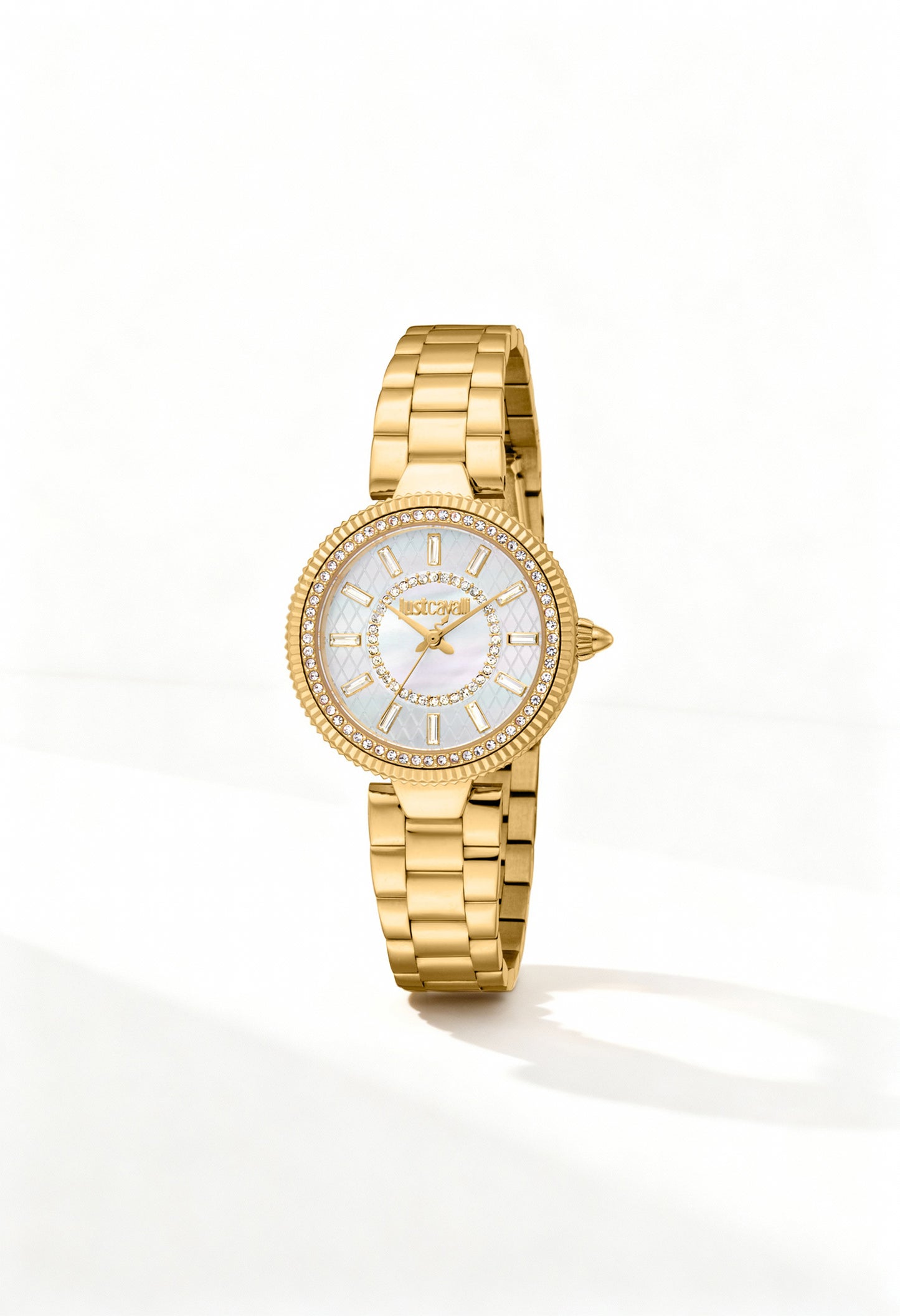 Front angled view of the Just Cavalli JC1L308M woman watch featuring a gold bracelet and white mother-of-pearl dial.