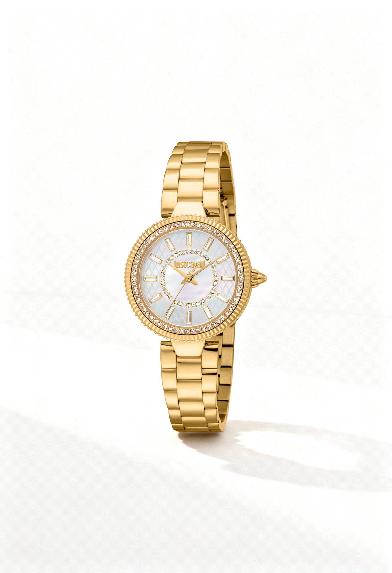 Front angled view of the Just Cavalli JC1L308M woman watch featuring a gold bracelet and white mother-of-pearl dial.