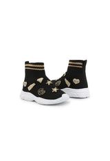 Kids' fabric glitter sneakers, pair view, showing gold star and heart appliqués.