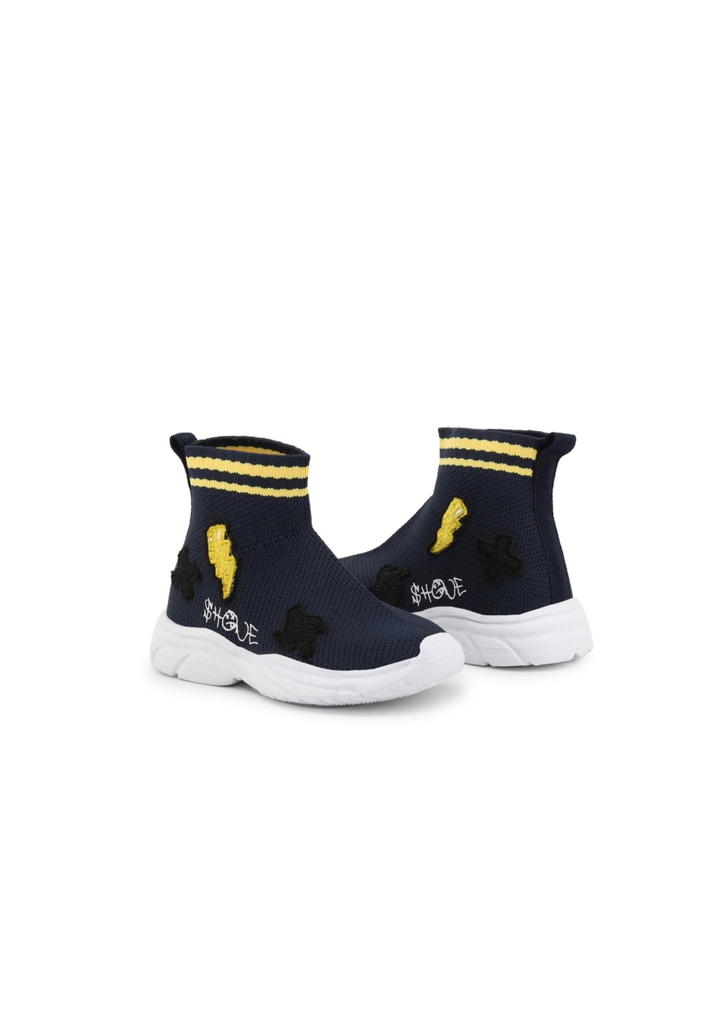 Kids' fabric lightning bolt sneakers, pair view, showing navy and yellow stripes.