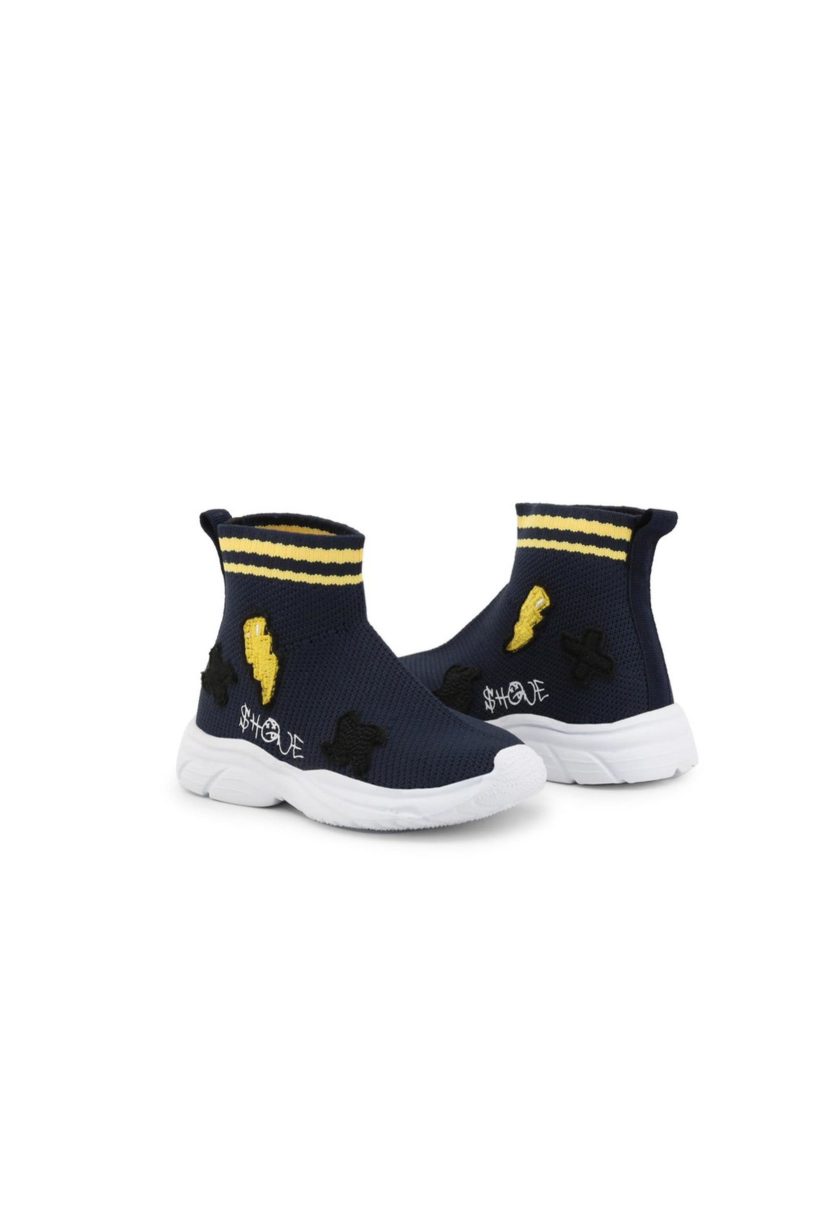 Kids' fabric lightning bolt sneakers, pair view, showing navy and yellow stripes.