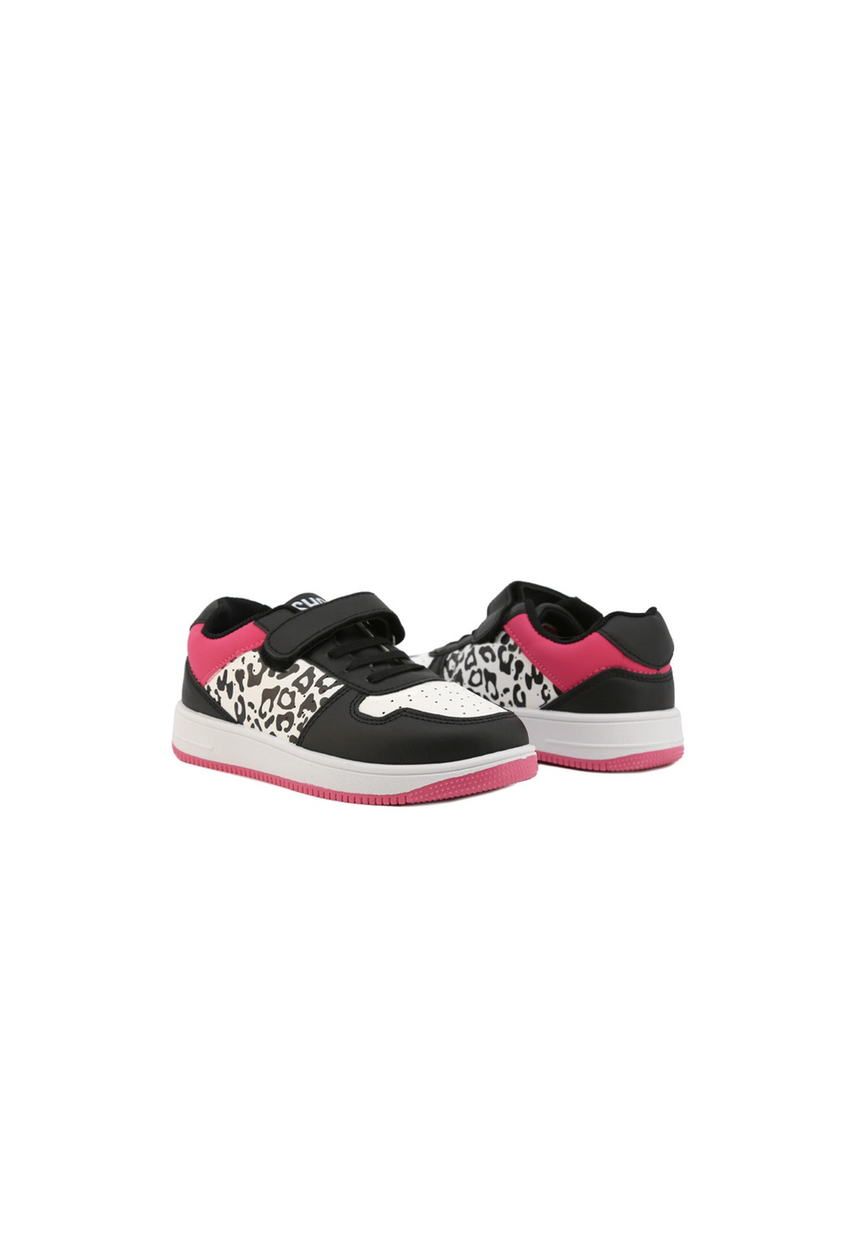 Kids' synthetic leather sneakers, pair view, showing secure Velcro fastening.