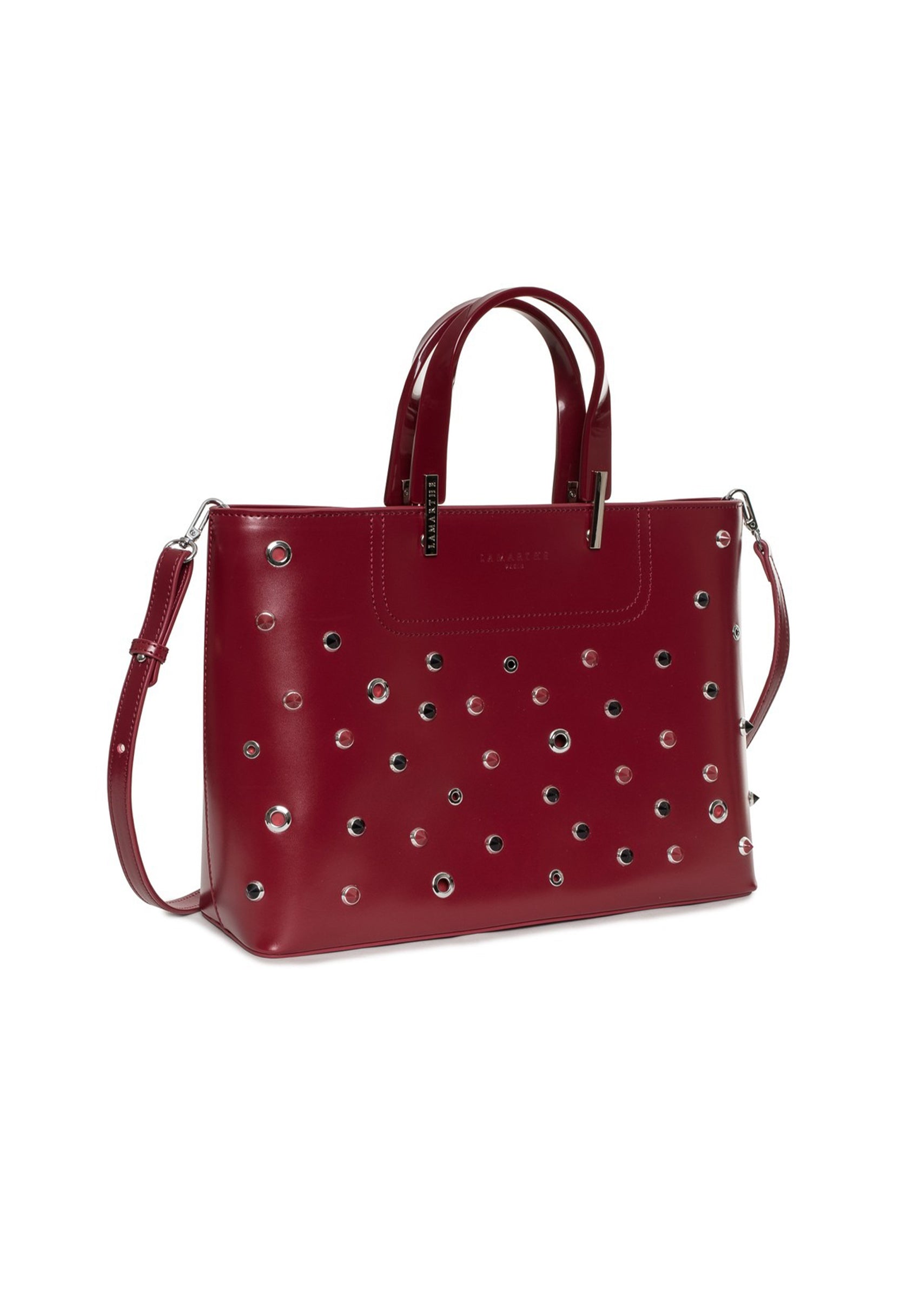 Angled shot of the Lamarthe PH104 studded burgundy leather handbag with removable shoulder strap.