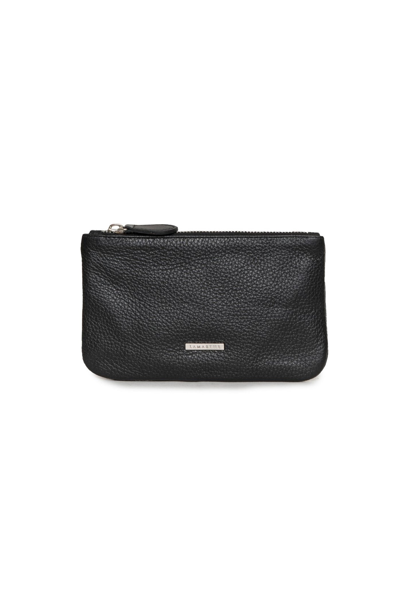 Side-angled shot of the Lamarthe TRE102 black leather clutch showing its slim silhouette and zip closure.