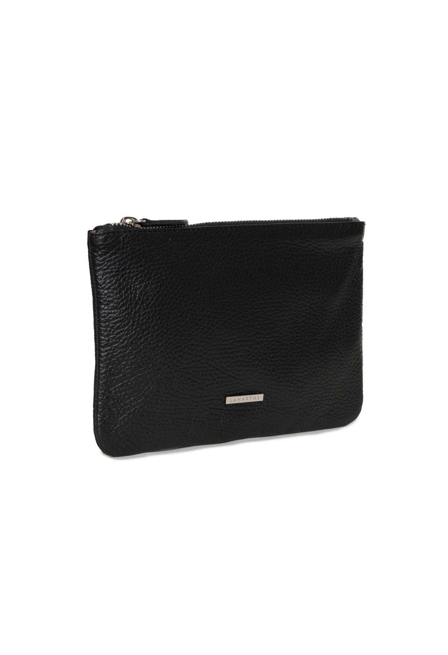 Angled shot of the Lamarthe TRE103 large black leather clutch showing slim profile and zip closure.
