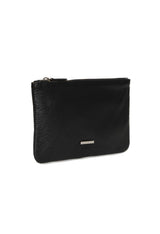 Angled shot of the Lamarthe TRE103 large black leather clutch showing slim profile and zip closure.