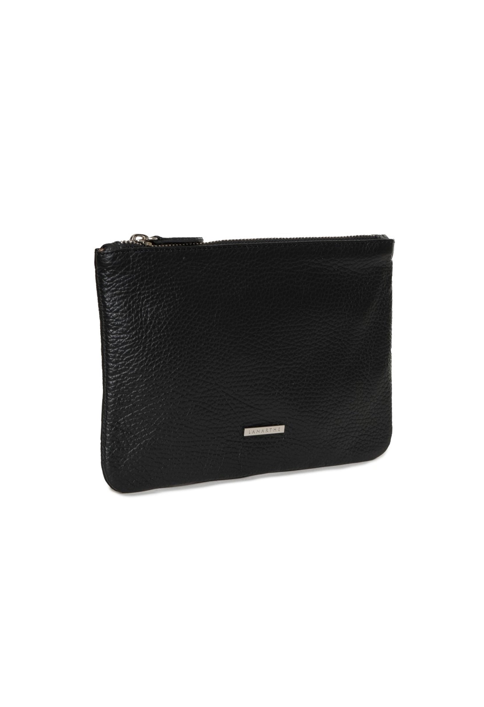 Angled shot of the Lamarthe TRE103 large black leather clutch showing slim profile and zip closure.