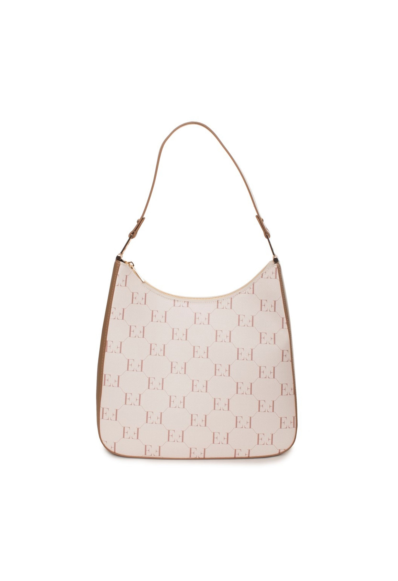 Large PU tote bag in white/cream with zip fastening, all-over monogram.