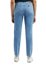 Studio back view of the light blue Lee L30UOWB59 jeans showing pockets and straight fit.