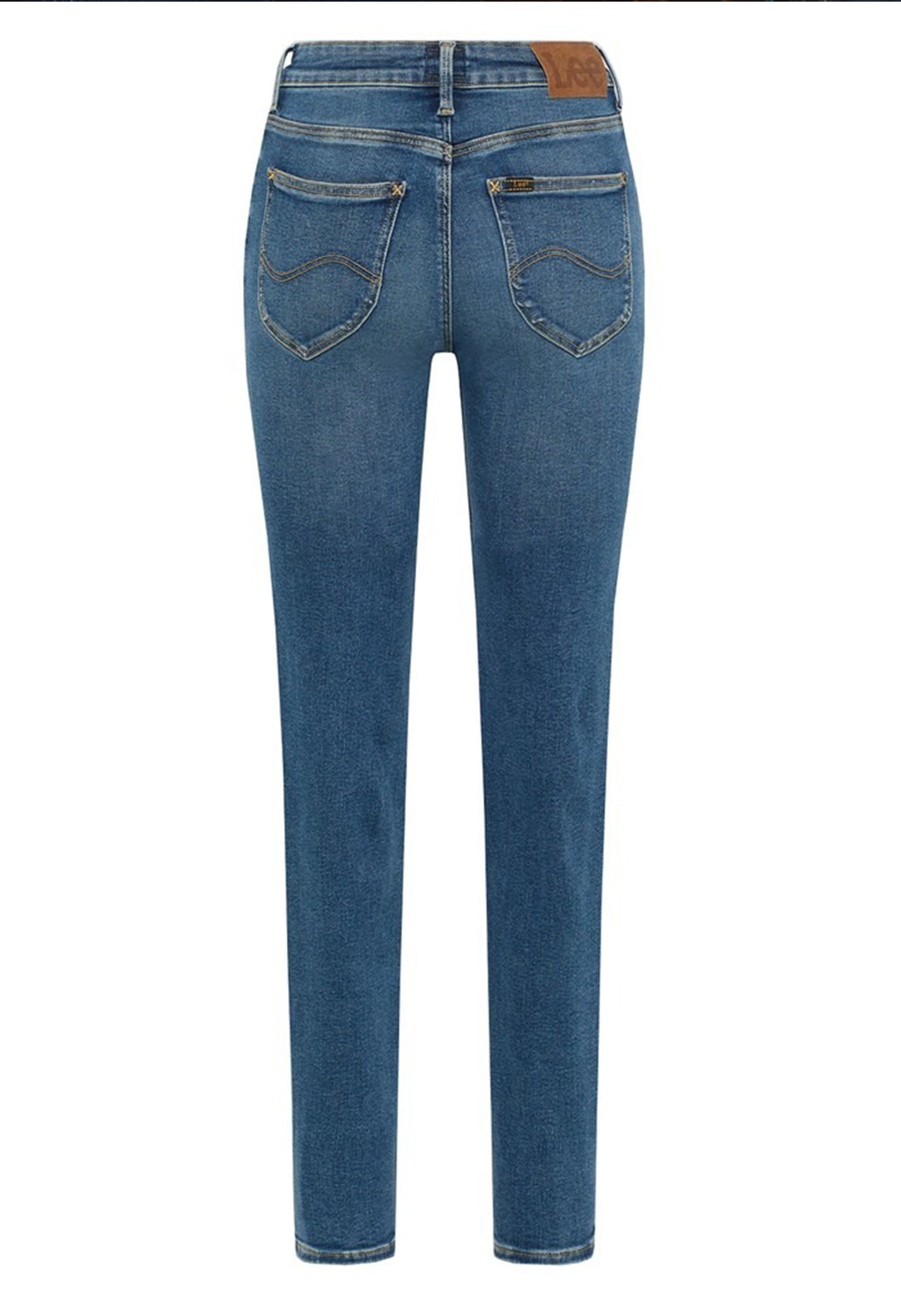Studio back view of the medium blue Lee L32SOVD43 skinny jeans showing pockets and stitching.