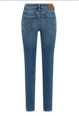 Studio back view of the medium blue Lee L32SOVD43 skinny jeans showing pockets and stitching.