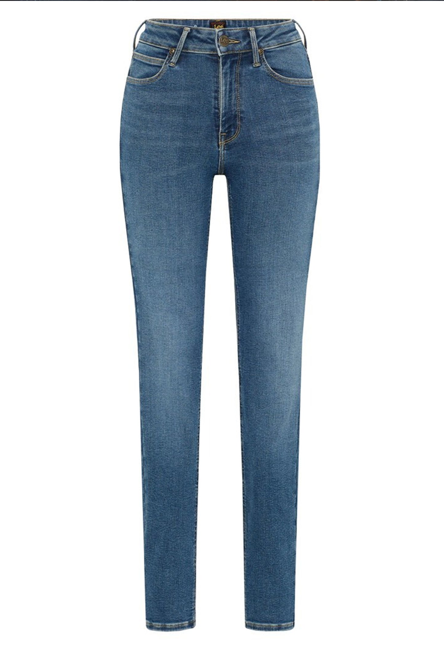 Studio front view of the medium blue Lee L32SOVD43 skinny jeans.