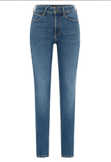 Studio front view of the medium blue Lee L32SOVD43 skinny jeans.