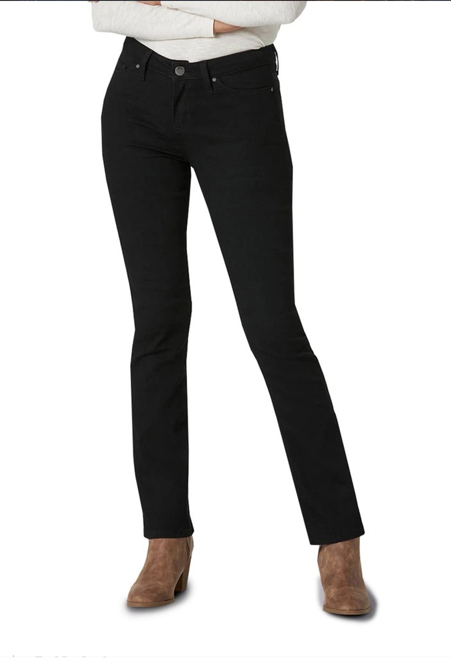 Side view of a woman wearing black Lee L34BTSFP regular jeans showing the straight leg cut.