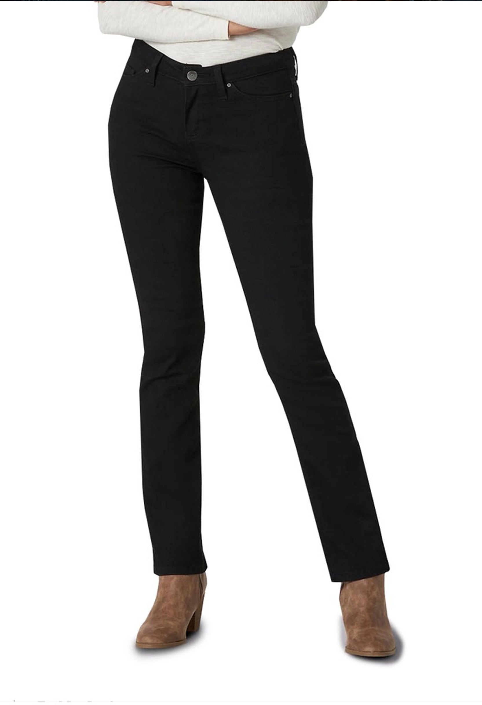 Side view of a woman wearing black Lee L34BTSFP regular jeans showing the straight leg cut.